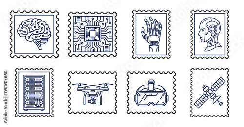 Minimalist Line Art Future Technology Postage Stamp Set for Artificial Intelligence and Digital Innovation Graphics