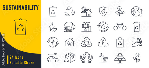 Set of sustainability icons vector thin line illustration nature eco friendly symbols renewable energy recycling and environment conservation concepts