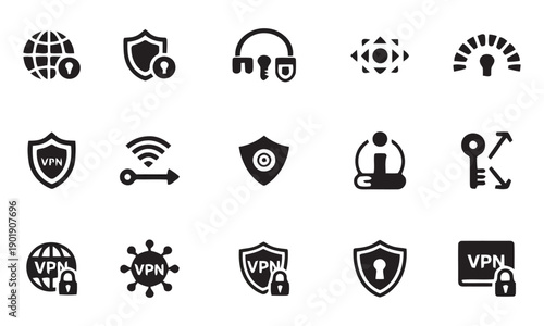 Set of technology icons featuring VPN security, global network access, encrypted connections, and privacy protection symbols for digital and online services