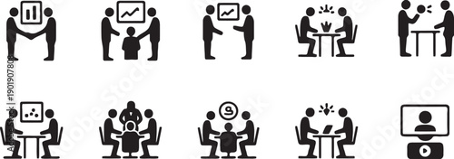 Set of ten icons representing business meetings and collaboration, including handshakes, discussions, board meetings, and video conferences. Business people interacting in office settings vector.