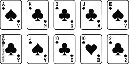 Set of ten playing cards showing a variety of suits and ranks including aces kings queens jacks and tens for poker and gambling games