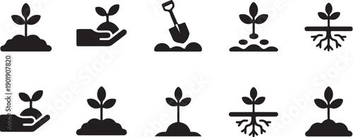 Set of ten icons illustrating plant growth from seed to mature plant with roots, hands holding soil, and shovel. Depicts gardening, agriculture, and new life cycle on white background vector.