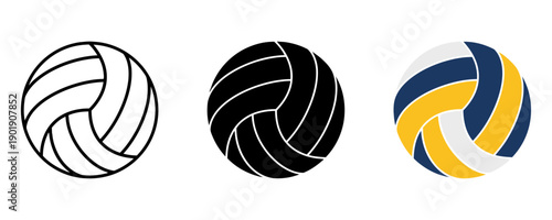 Set of three volleyball icons, including outline, silhouette, and colorful representation, symbolizing sports, teamwork, and competition, graphic design elements.