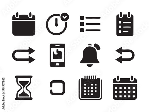 Set of time and calendar icons including clock, checklist, smartphone, notification, hourglass, refresh, and multiple calendar designs