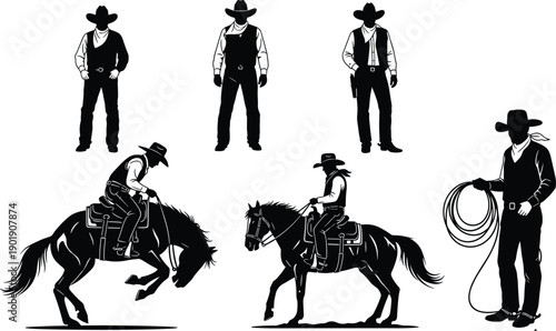 Business professional silhouettes set, corporate people walking, romantic kissing couples, evergreen pine forest trees, tactical security and nature vector icons for creative design.