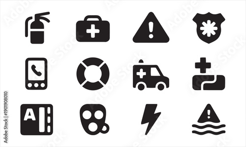 Set of twelve emergency service icons including fire extinguisher first aid kit warning sign police badge mobile phone lifebuoy ambulance and other safety related symbols vector illustration