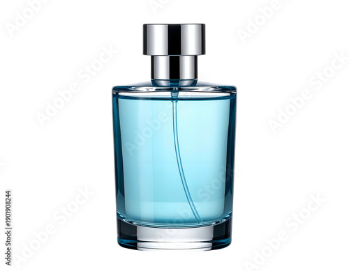 A sleek, modern perfume bottle with clear blue liquid and silver accents
