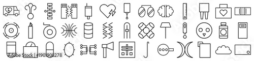Medical and healthcare line icon set. Vector pictograms of heart, brain, ambulance, pills, bandage, first aid kit, lungs, spine, syringe, and medicine, thin line style.