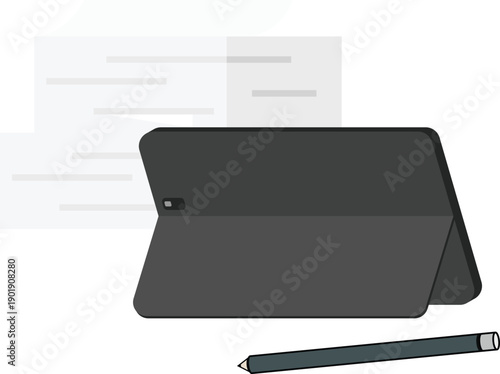 Minimal flat vector illustration of a digital tablet with protective cover and stylus pen on a white background. Modern workspace concept representing digital drawing, note-taking, online learning