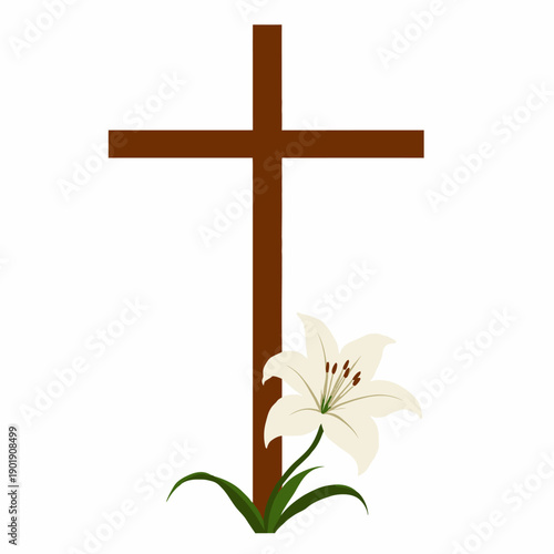 Illustration of a Wooden Cross Accompanied by a Blooming White Lily Symbolizing Faith and Purity Against a Minimalistic Background