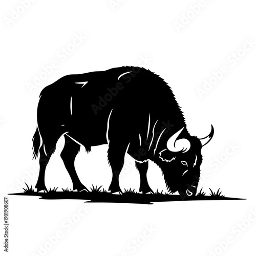 Grazing Beefalo Pasture Black Silhouette Vector Illustration