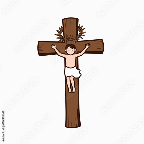 Illustration of a figure on a wooden cross with crown of thorns, highlighting themes of sacrifice and spirituality often associated with significant religious events.