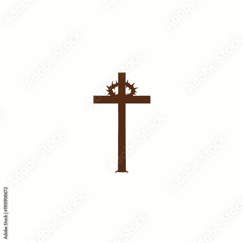 Simple wooden cross adorned with a crown of thorns symbolizing religious faith and sacrifice against a pristine white backdrop conveying purity and spiritual devotion