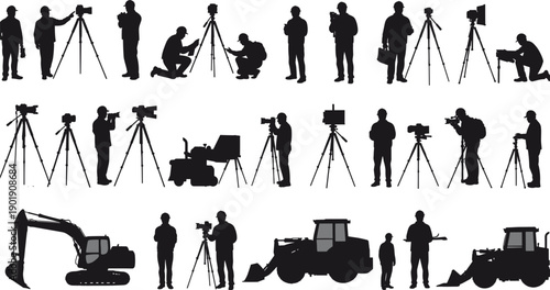 Construction worker silhouette set, surveyor with tripod icons, engineer and builder collection, industrial maintenance staff, heavy machinery operator vector, professional manual labor graphics.