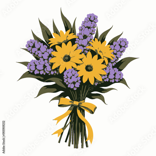 Vibrant bouquet of yellow daisies and purple lavender tied together with an orange ribbon against a plain backdrop