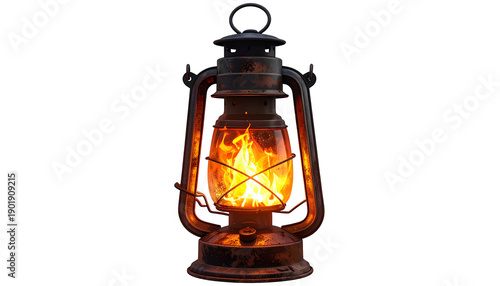 A rusty lantern, lit with a bright flame, against a dark void