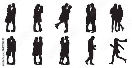Silhouettes of couples embracing and kissing, romantic gestures, people in love, intimate moments, relationship, partnership, connection, affection, black icons.