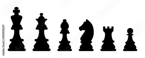 Silhouettes of chess pieces including king, queen, bishop, knight, rook, and pawn, representing strategy, game, and intellectual competition in classic black chess game set design