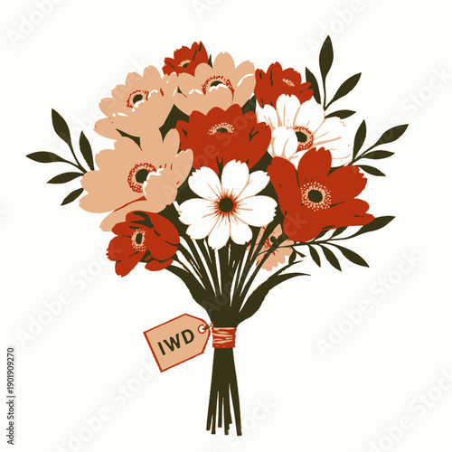 Vibrant Bouquet of Diverse Colored Flowers with Green Leaves and a Tag Featuring Text Against White Background