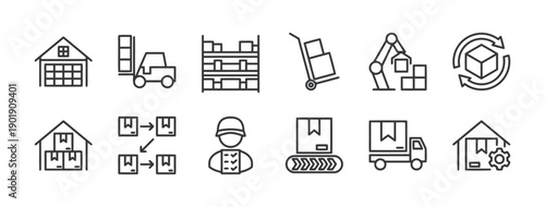 Set of warehouse and logistics icons in flat design style, representing storage, transportation, and supply chain management operations with clear graphics.