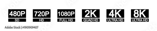 Set of video resolution labels including 480P SD, 720P HD, 1080P FULL HD, 2K QUAD HD, 4K ULTRA HD, and 8K ULTRA HD for screen quality and display clarity.
