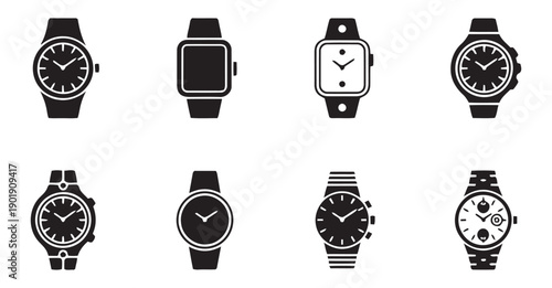 Set of watch icons displaying various watch faces and bands including analog digital smart watches and classic timepieces for accessory and fashion collections