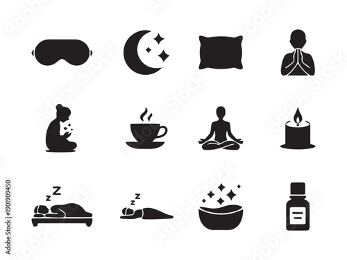 Set of wellness and relaxation icons featuring sleep mask moon stars pillow meditating person aromatherapy candle and peaceful yoga poses for stress relief and self care