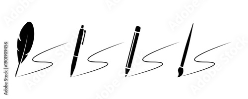Set of writing instrument icons representing different methods of communication and creation, including quill pen, ballpoint pen, pencil, and paintbrush