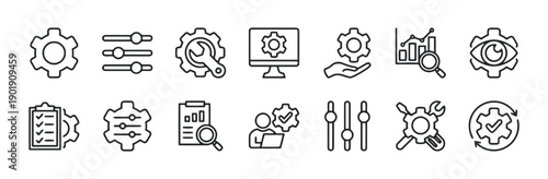 Settings and configuration icons collection graphic gear tools adjustments management system optimization and workflow process control technical maintenance and setup vector