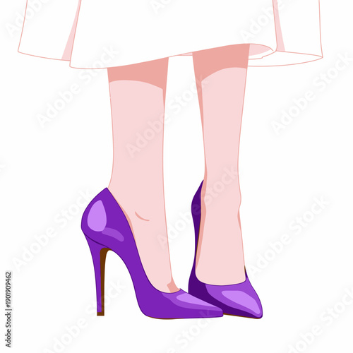 Illustration of Elegant Female Legs in Purple High Heels with White Flowing Dress Hem Showcasing Contemporary Footwear Style and Graceful Stance