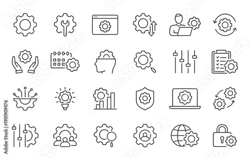 Settings and configuration icons. Vector symbols for system setup, gears, process optimization, data management, and technical adjustments for digital platforms.