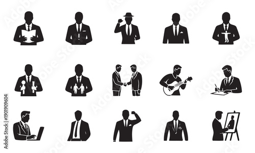Silhouette icons of businessmen in various poses and activities, such as reading document, greeting, playing guitar, writing, using laptop, and presenting artwork, symbolizing professional life