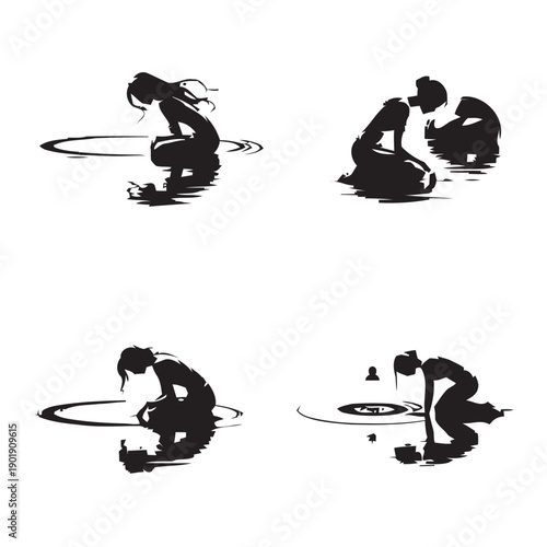 Silhouette of woman kneeling by water with ripples and reflections, contemplative mood and artistic representation