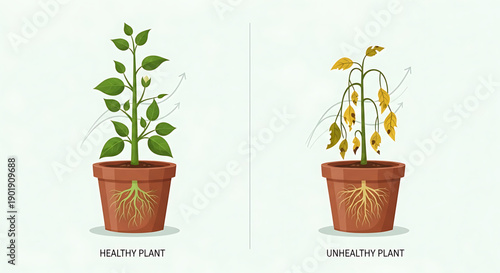 Healthy and unhealthy plants in pots green and yellow leaves comparison of plant growth