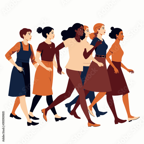 Diverse Group of Confident Women Walking Together in Unity and Strength in Casual and Stylish Outfits Illustrating Empowerment and Solidarity Across Different Cultures