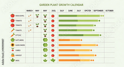 Garden plant growth calendar infographic for seasonal planting and harvesting