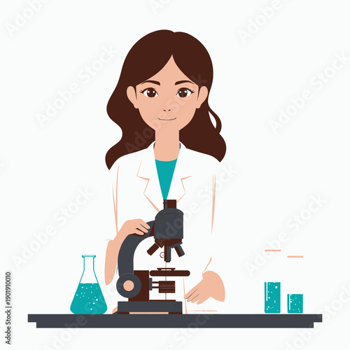 Illustration of a Female Scientist Examining Samples Under a Microscope in a Laboratory Setting with Lab Equipment and Test Tubes for Scientific Research