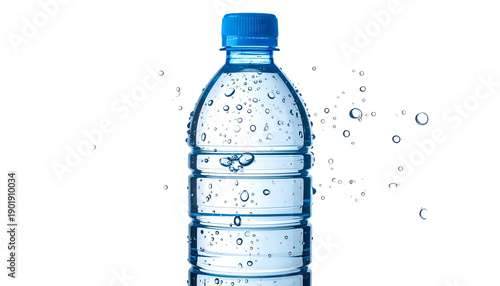 A clear plastic bottle of water with a blue cap and scattered droplets against a black backdrop