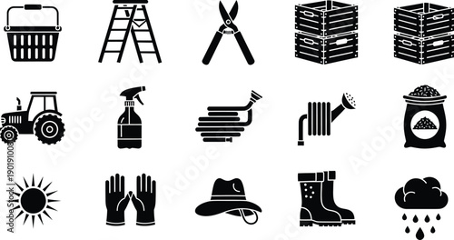 A collection of black and white farming and gardening icons including tools, equipment, and weather elements.