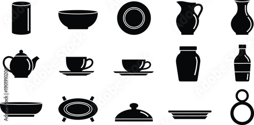 A collection of black silhouettes representing various kitchenware and tableware items like teapots, cups, and bowls