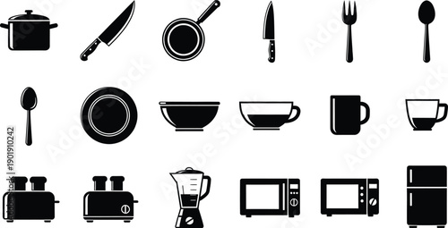 A collection of black silhouette icons representing various kitchen utensils and appliances