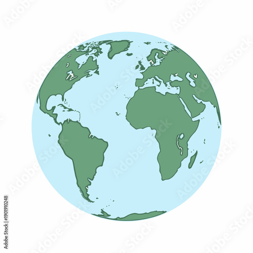 Illustration of Earth Highlighting Continents in Simplified Artistic Representation Featuring Green Landmasses and Light Blue Oceans on White Background
