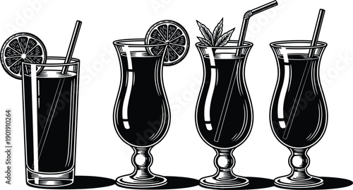 Black and white vintage engraving of tropical cocktails with citrus slices straws and mint leaves for bar menus summer party posters and restaurant graphics,