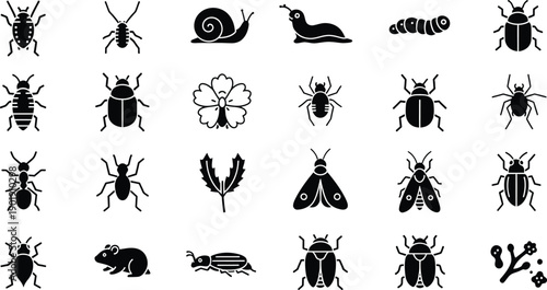 A collection of black-and-white silhouettes illustrating various insects and other small creatures in a grid