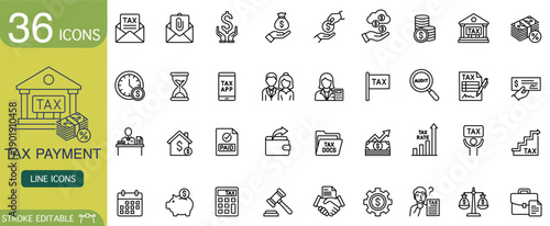 Vector set of tax payment line icons showing finance and money concepts. Collection features business accounting symbols like bank building and dollar coin. Design looks professional and clean