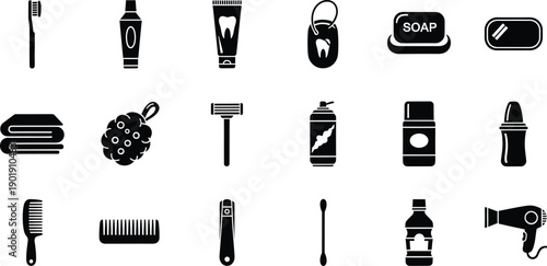 A collection of black and white icons representing various personal hygiene and grooming products