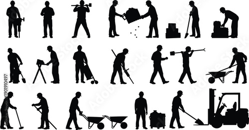 Construction worker silhouettes, land surveyor tripod icons, heavy machinery excavator, human head profile collection, heart and flame symbols, industrial manual labor vector graphics.