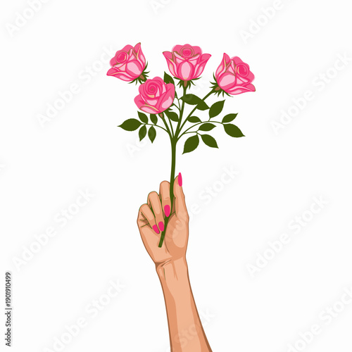 Elegant Hand Holding Five Beautiful Pink Roses with Green Leaves Against a Simple White Background Illustrating Graceful Simplicity and Floristic Charm