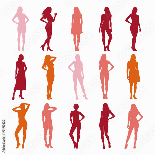 Diverse Silhouettes of Elegant Female Figures in Vibrant Multicolored Outlines Showcasing Various Fashion Poses Against a Minimalistic Background