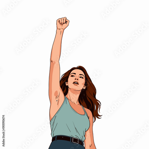 Confident Woman Raising Fist in Empowerment Pose Against White Background